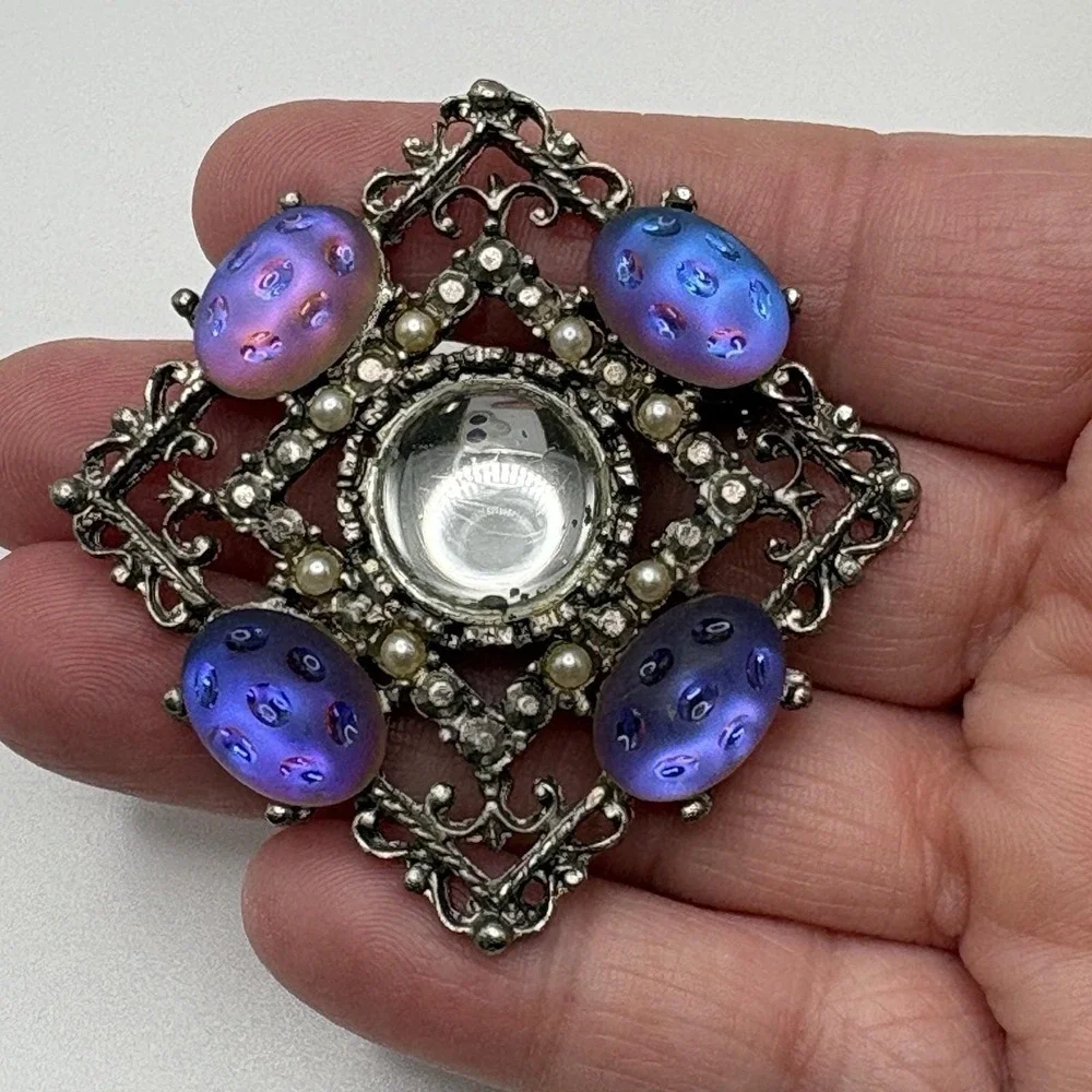 Vintage Molded Moonglow Glass Brooch AB Blue Purple Cabochon Victorian Revival